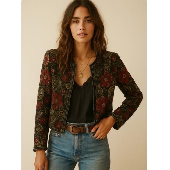 Vintage 90s Laurence Kazar New York Boho Floral Sequence Crop Jacket Rare - Picture 1 of 13